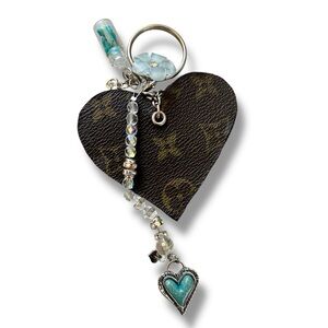 Louis Vuitton Brown Heart Keychain Bag Charm with Turquoise Charms Includes COA